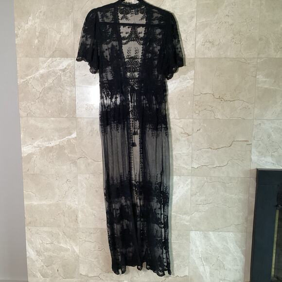 Aqua Maxi Duster Kimono Topper Small Black Lace Sheer Stevie Boho 90s Whimsigoth - Picture 5 of 10